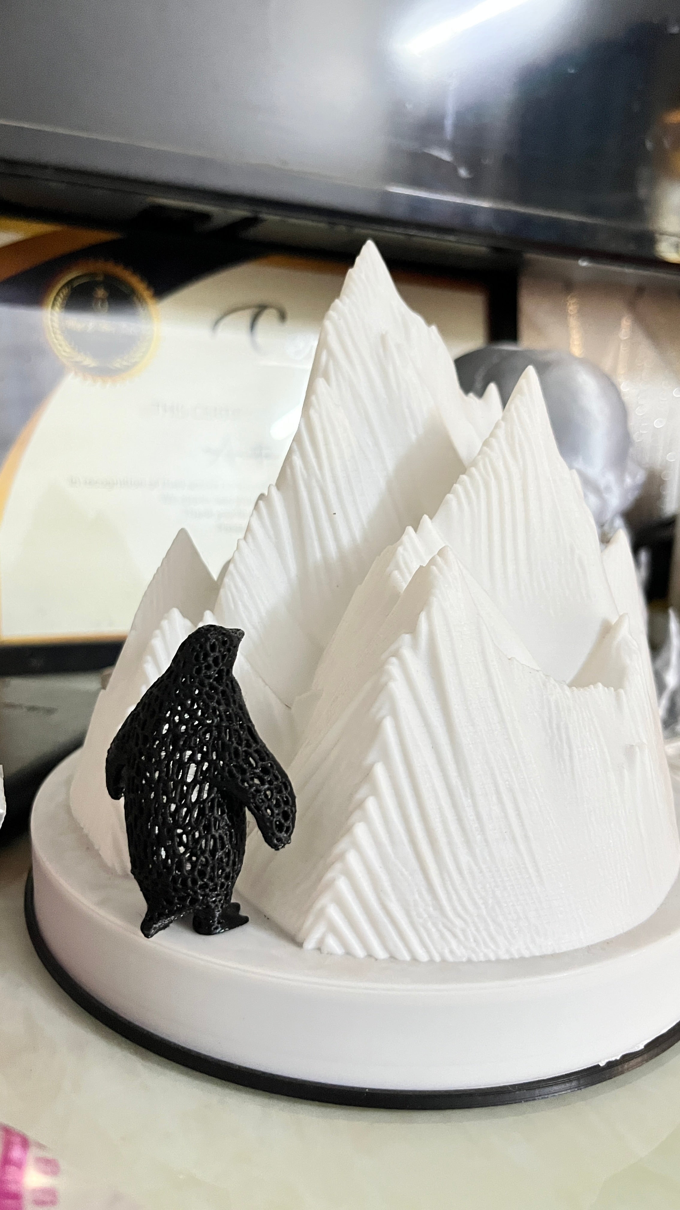 Summit Mountain Lamp with Penguin Figurine | 3D Printed Ambient Night Light | Aesthetic Table Lamp for Home Decor