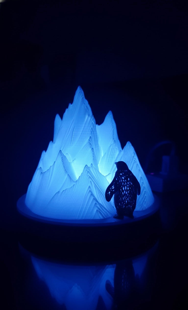 Summit Mountain Lamp with Penguin Figurine | 3D Printed Ambient Night Light | Aesthetic Table Lamp for Home Decor