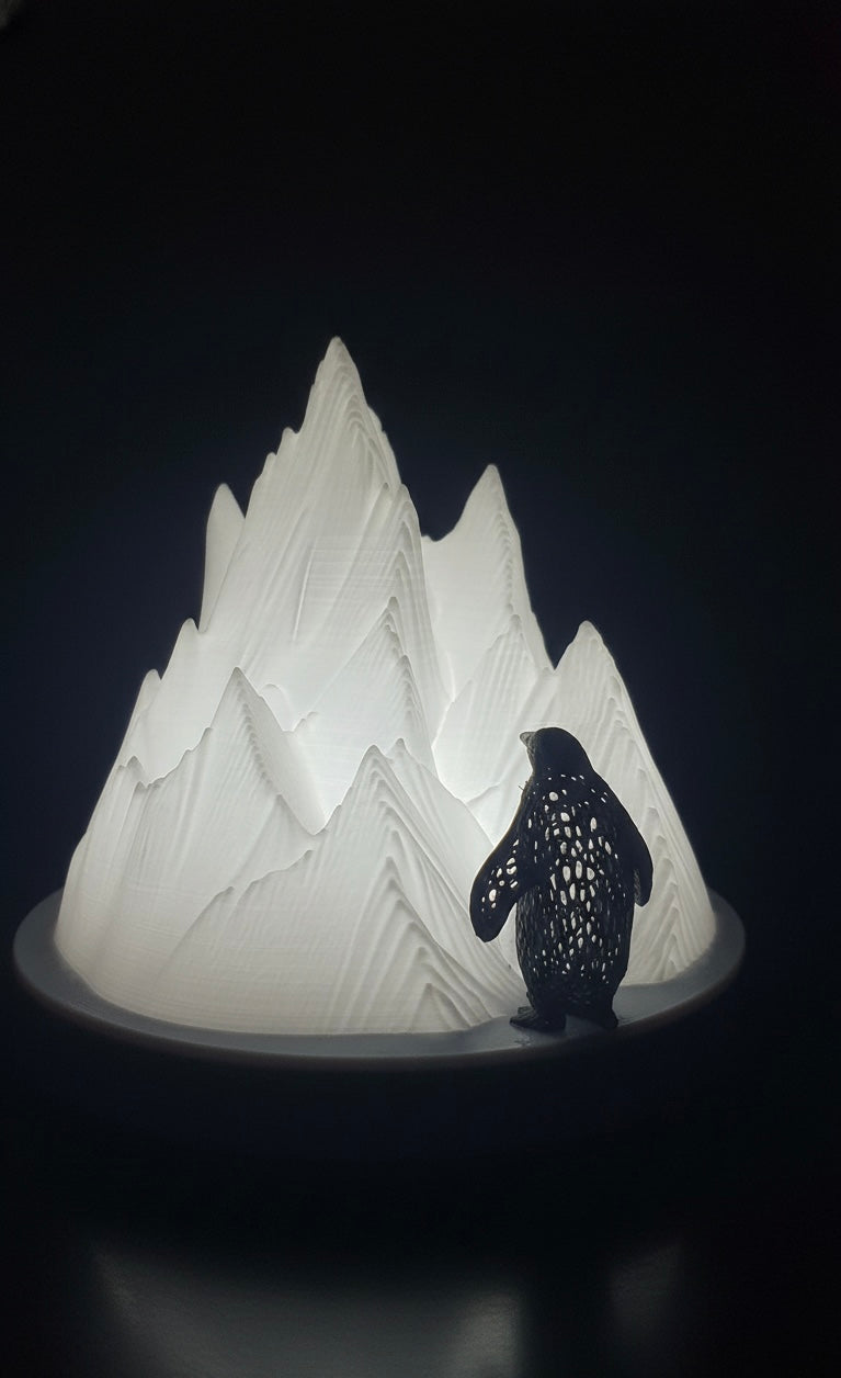 Summit Mountain Lamp with Penguin Figurine | 3D Printed Ambient Night Light | Aesthetic Table Lamp for Home Decor