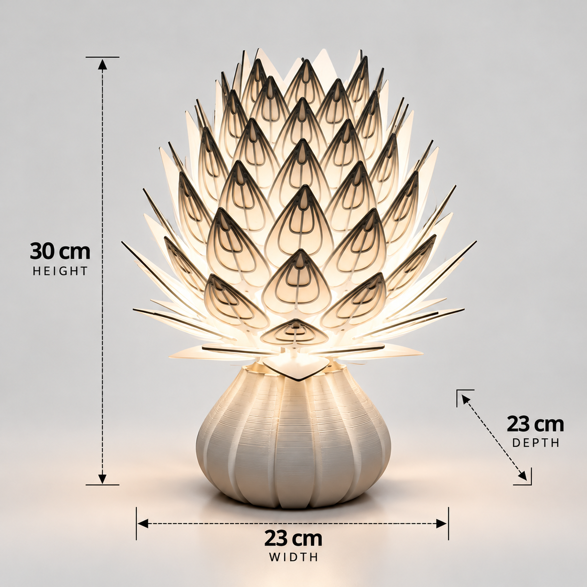 Kiro Veyra sculptural table lamp with layered white ribbed petals and cream base