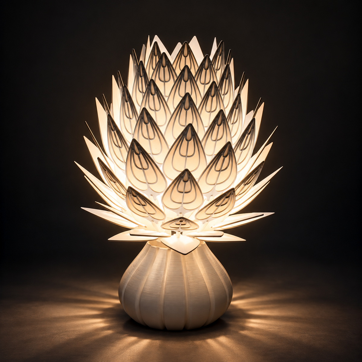 Kiro Veyra sculptural table lamp with layered white ribbed petals and cream base