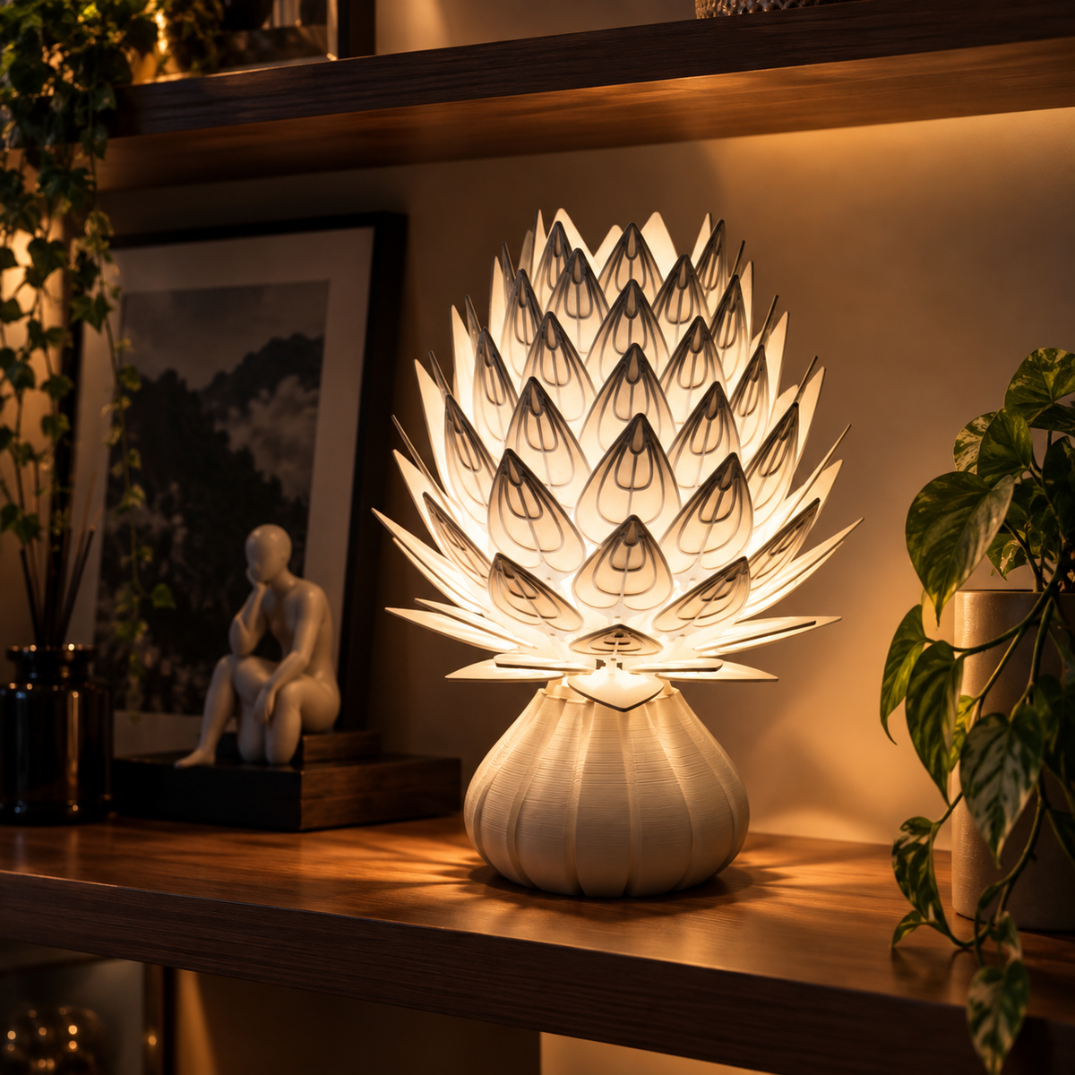 Kiro Veyra sculptural table lamp with layered white ribbed petals and cream base