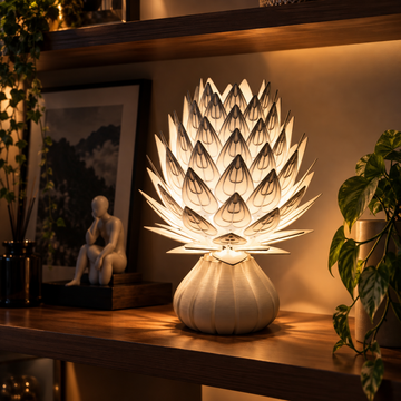 Kiro Veyra sculptural table lamp with layered white ribbed petals and cream base
