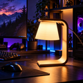 Kiro Aven minimalist table lamp with a white shade, smooth curved frame and brown base, featuring integrated cool-white LED lighting.