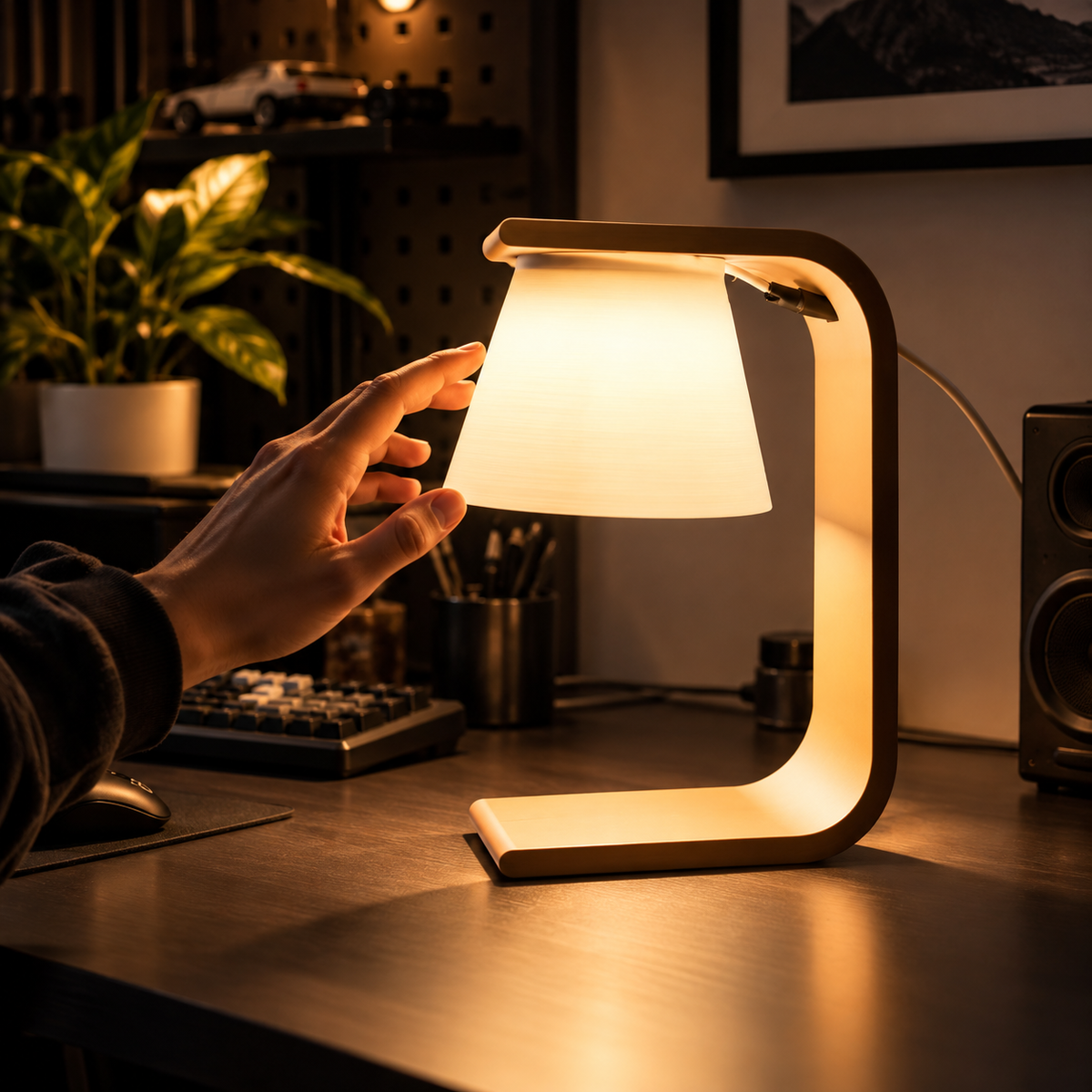 Kiro Aven minimalist table lamp with a white shade, smooth curved frame and brown base, featuring integrated cool-white LED lighting.