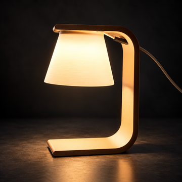 Kiro Aven minimalist table lamp with a white shade, smooth curved frame and brown base, featuring integrated cool-white LED lighting.