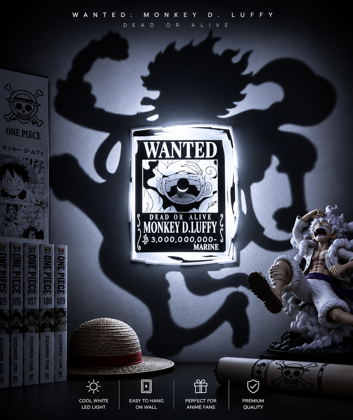 Gear 5 Luffy inspired LED shadow wall lamp