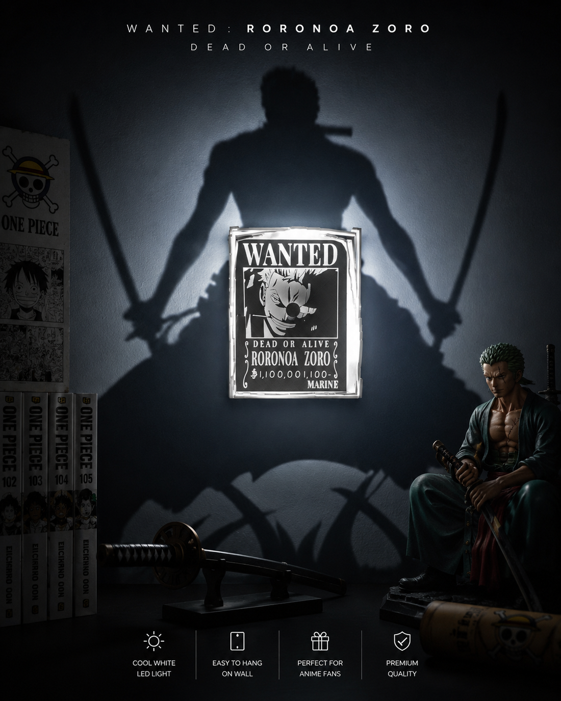 Roronoa Zoro inspired LED shadow wall lamp
