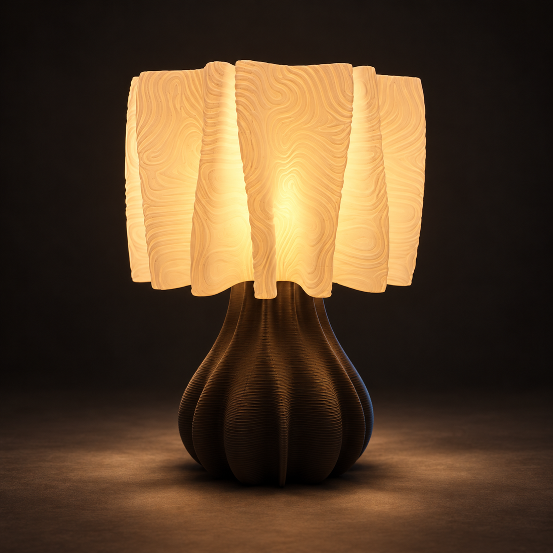 A table lamp with a textured, pleated white shade and a ribbed dark brown base, glowing warmly on a wooden shelf in a cozy, modern living room setting.