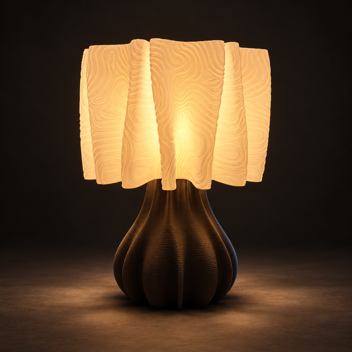 A modern table lamp with a glowing warm white pleated shade and a ribbed dark brown base, set against a dark studio background.
