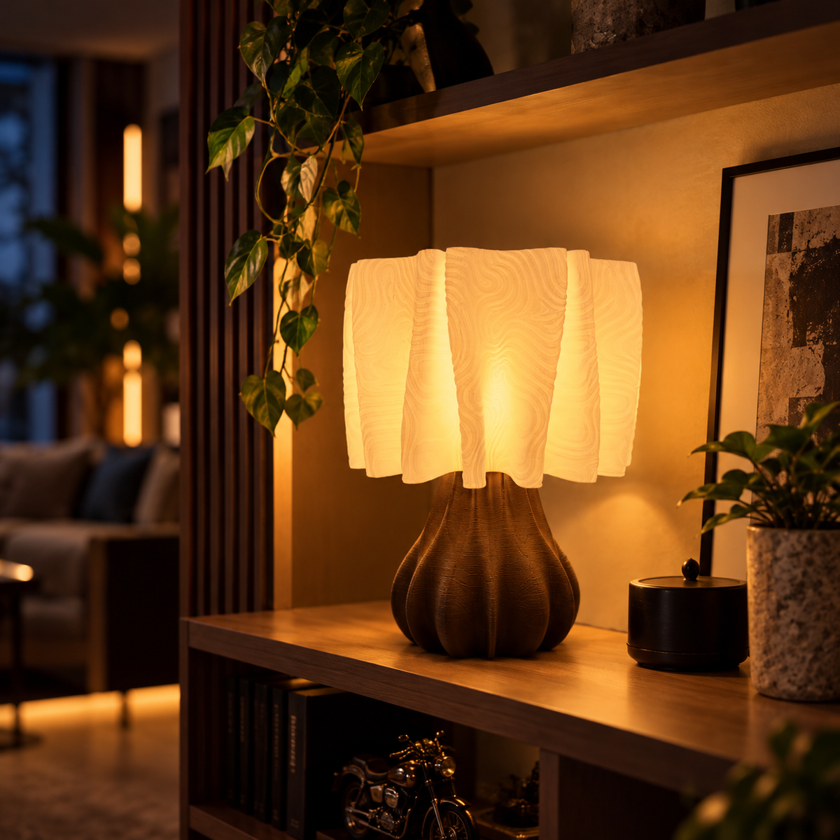 A table lamp with a textured, pleated white shade and a ribbed dark brown base, glowing warmly on a wooden shelf in a cozy, modern living room setting.