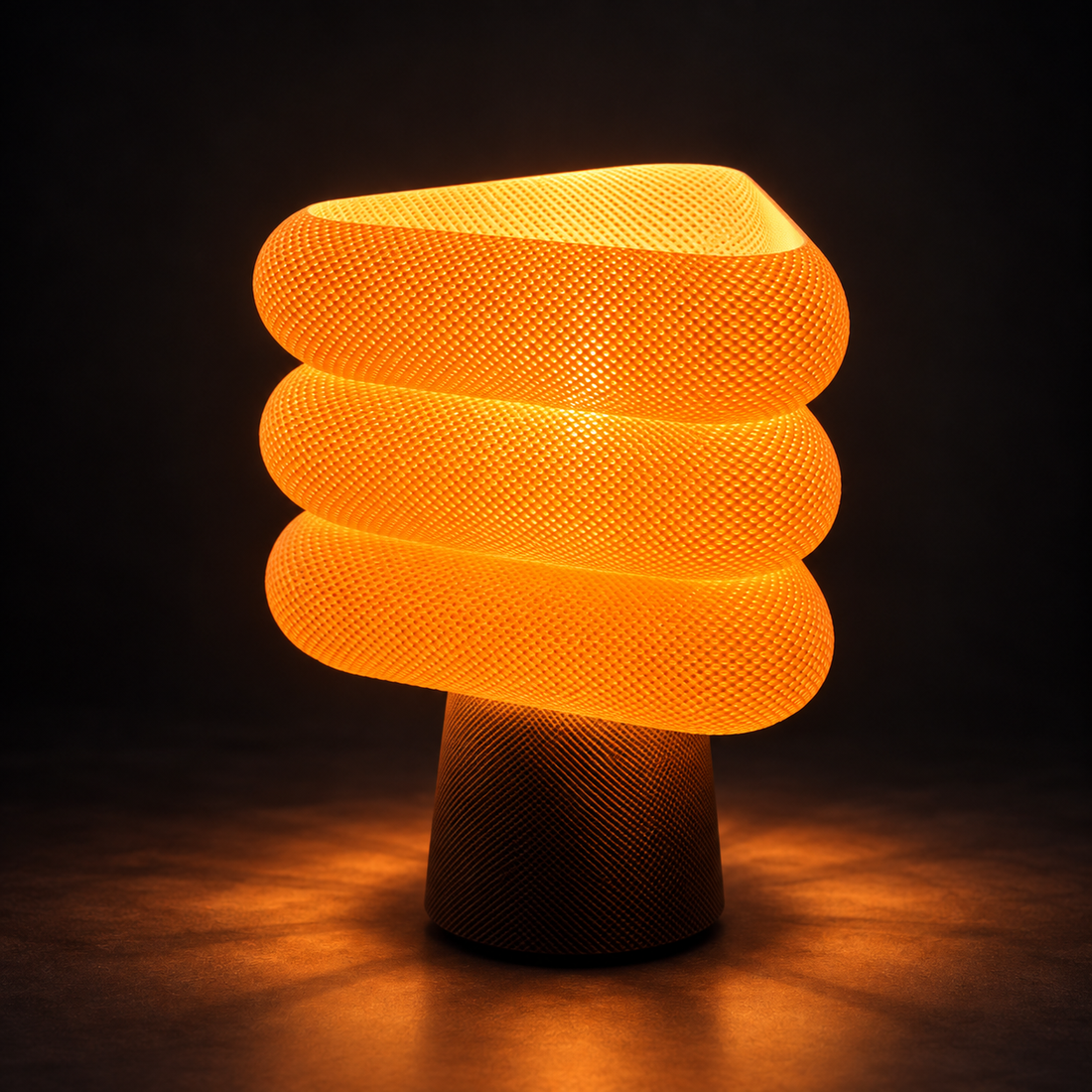 Kiro Aurelle sculptural table lamp with three rounded triangular beige layers, a tapered brown base and warm yellow illumination.
