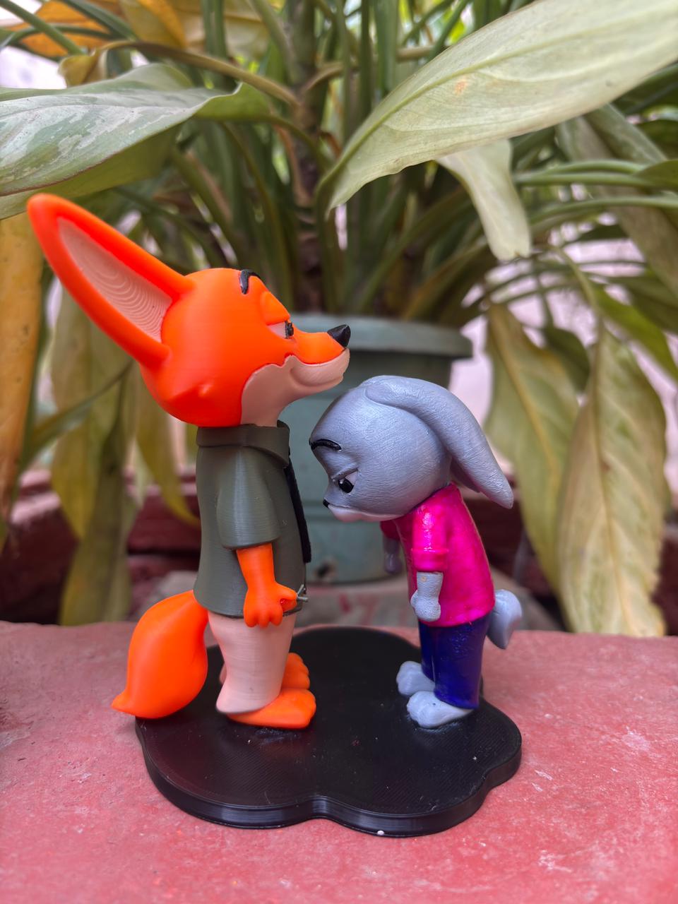 Cute Fox & Bunny Couple Figurine | 3D Printed Cartoon Animal Showpiece