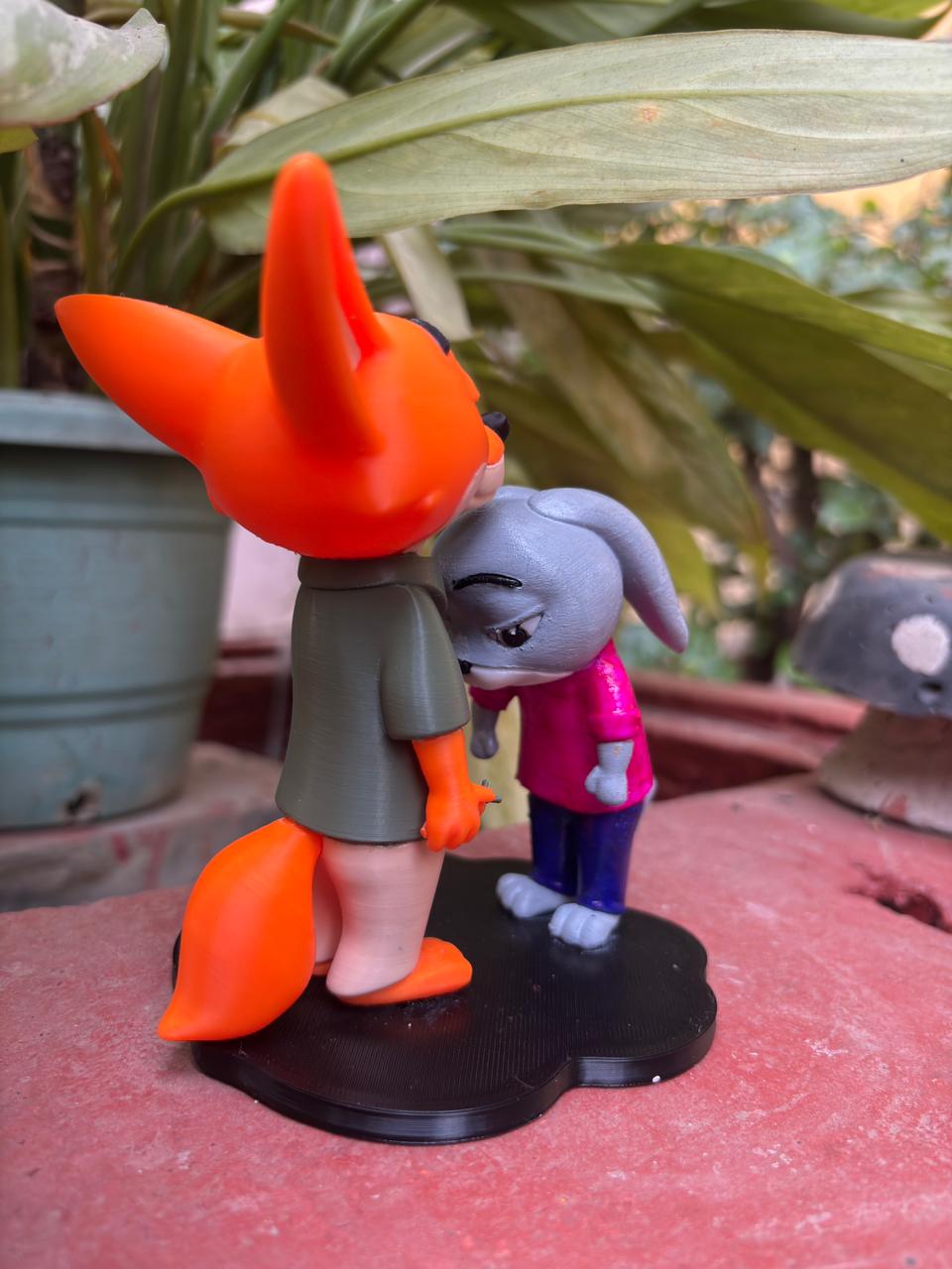 Cute Fox & Bunny Couple Figurine | 3D Printed Cartoon Animal Showpiece